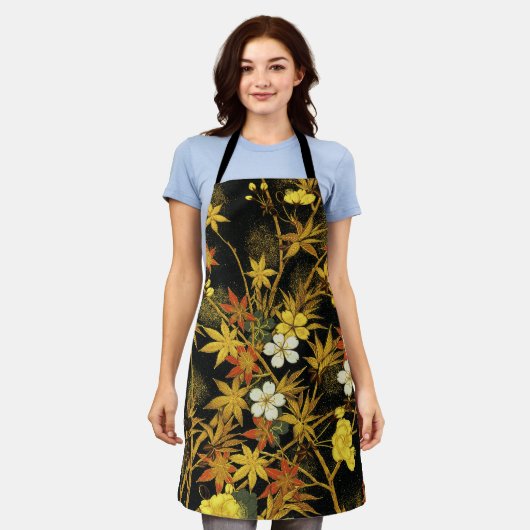 日本の紅葉 アンティーク植物画 エプロン (着用した状態)