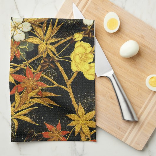 日本の紅葉 アンティーク植物画 キッチンタオル (四つ折り)