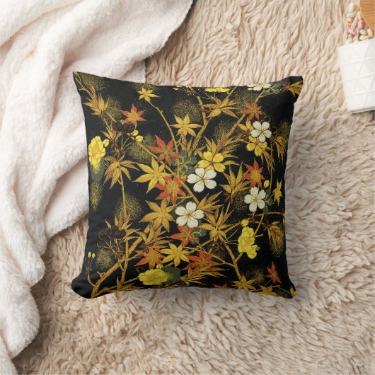 日本の紅葉 アンティーク植物画 クッション (ブランケット)