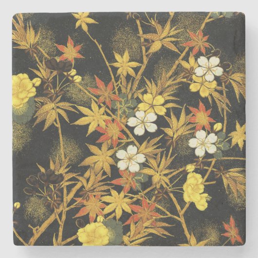 日本の紅葉 アンティーク植物画 ストーンコースター (正面)