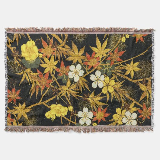 日本の紅葉 アンティーク植物画 スローブランケット (正面)