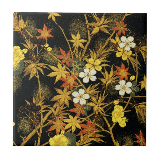 日本の紅葉 アンティーク植物画 タイル (正面)