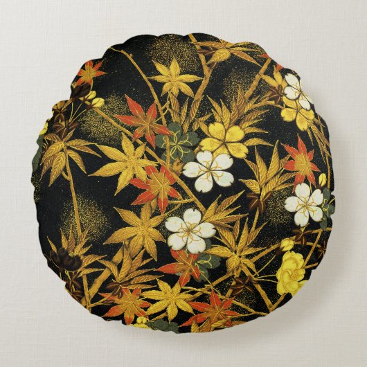 日本の紅葉 アンティーク植物画 ラウンドクッション (正面)