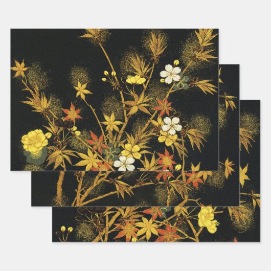日本の紅葉 アンティーク植物画 ラッピングペーパーシート (セット)