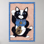 日本の縁起の良いタキシード猫のまねきねこ民芸品 ポスター (正面)