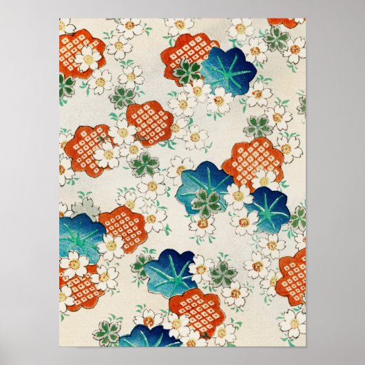 日本の美しいヴィンテージな花柄模様画 ポスター (正面)