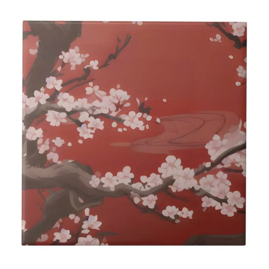 日本の美術スタイル 白い桜 赤 タイル (正面)
