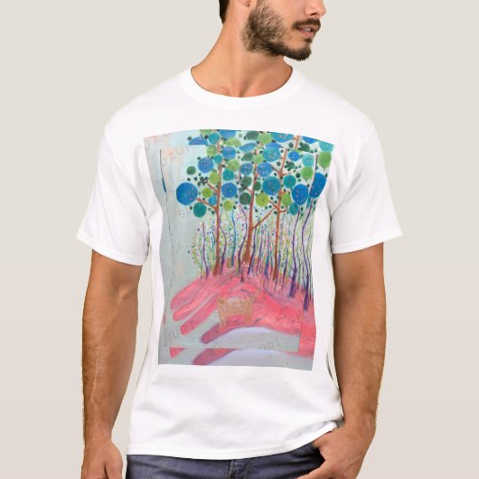 日本の美術Tシャツ - 森と猫の油彩画 Tシャツ (正面)
