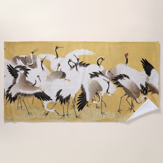 日本の群れの鶴 ヴィンテージ 鳥 豊かな クラシック ビーチタオル (正面)
