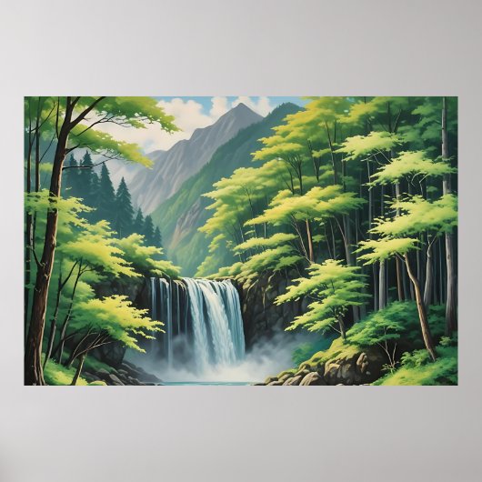 日本の自然の滝 – 穏やかな油彩画 ポスター (正面)
