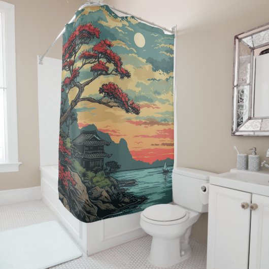 日本の自然ランドスケープLinocut Art 1 シャワーカーテン (インサイチュ)