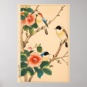 日本の花と鳥のアートプリント - 古風な木版画 ポスター