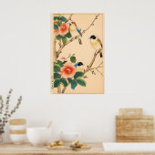 日本の花と鳥のアートプリント - 古風な木版画 ポスター (キッチン)