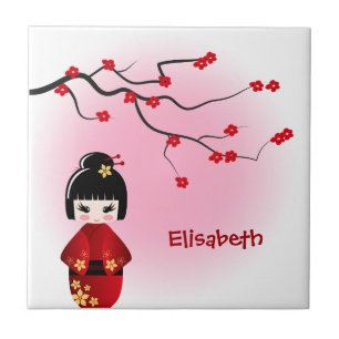 日本の花のこけし人形 タイル