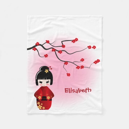 日本の花のこけし人形 フリースブランケット (正面)