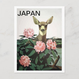 日本の花の茂みにいる鹿、ヴィンテージな旅行 ポストカード
