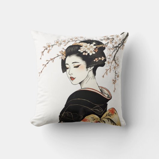 日本の芸者さんと黒と金の桜 クッション (正面)