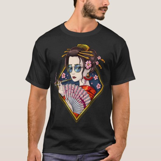 日本の芸者と桜 Tシャツ (正面)