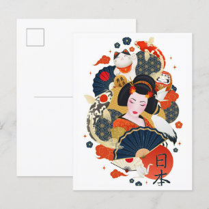 日本の芸者アートイラストレーション旅行 ポストカード