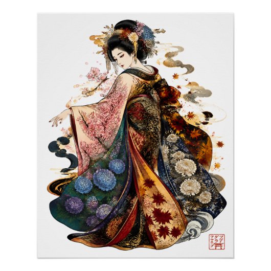 日本の芸者アート | 着物と季節の花 ポスター (正面)
