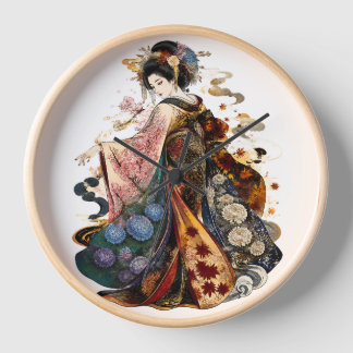 日本の芸者アート | 着物と季節の花 壁時計