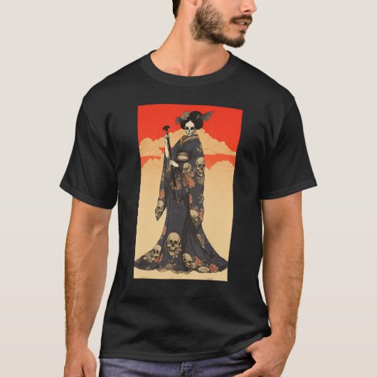 日本の芸者スケルトン芸者スカル Tシャツ (正面)
