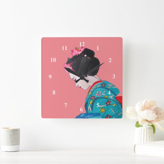 日本の芸者ピンクの可愛い芸術 スクエア壁時計 (ホーム)