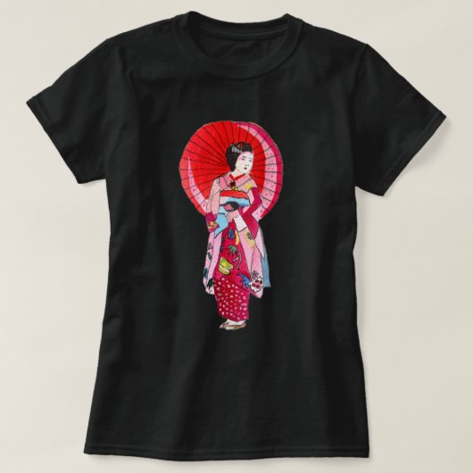 日本の芸者赤い着物かわいい芸術 Tシャツ (デザイン正面)