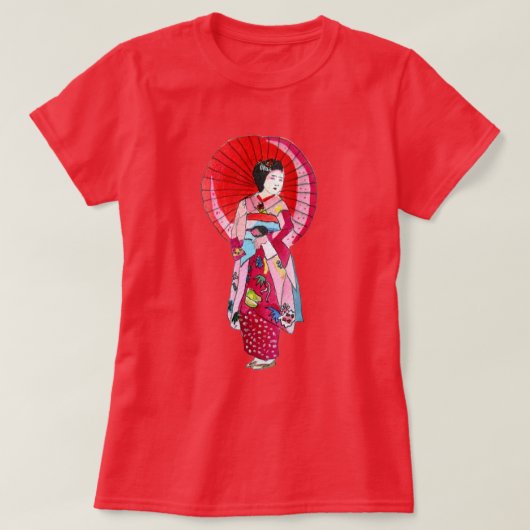 日本の芸者赤い着物かわいい芸術 Tシャツ (デザイン正面)