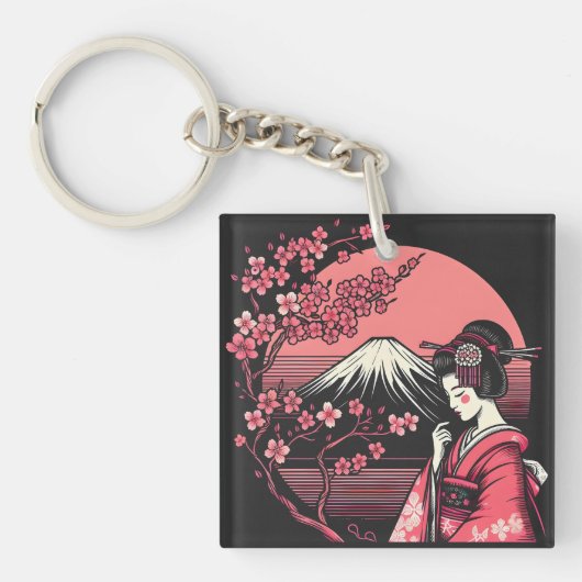 日本の芸者 富士山 桜の木 キーホルダー (正面)