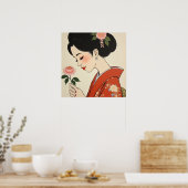日本の芸者、赤い着物の浮世絵スタイル ポスター (キッチン)