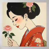 日本の芸者、赤い着物の浮世絵スタイル ポスター (正面)