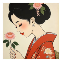 日本の芸者、赤い着物の浮世絵スタイル