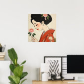日本の芸者、赤い着物の浮世絵スタイル ポスター (ホームオフィス)