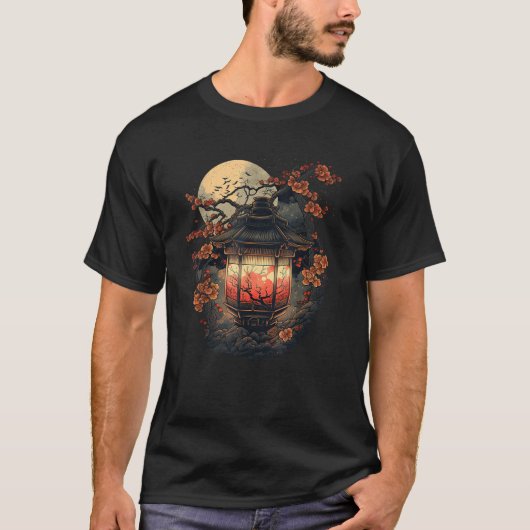 日本の芸術、日本の塔のランタン、桜の花びらA Tシャツ (正面)