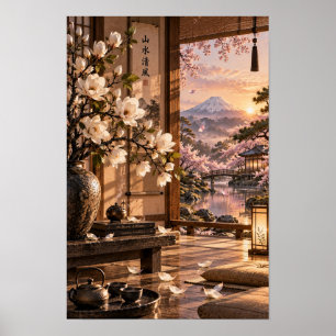 日本の茶室 富士山 日没の壁アート ポスター