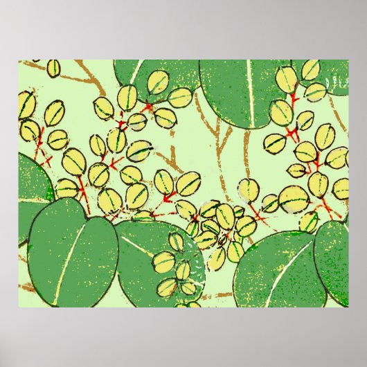 日本の葉の花の植物画パターン ポスター (正面)