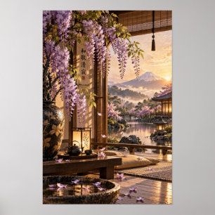 日本の藤の茶室 富士山の夕焼けの壁 ポスター