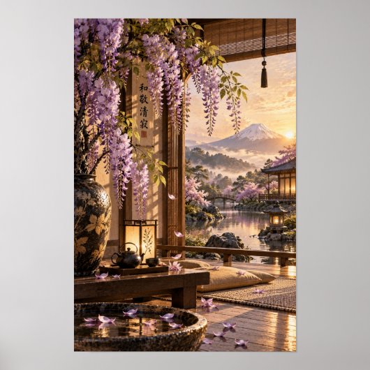 日本の藤の茶室 富士山の夕焼けの壁 ポスター (正面)