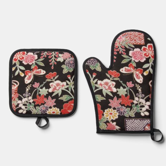 日本の蝶と花の模様 鍋つかみ&鍋敷きセット (正面)