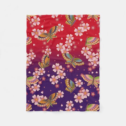 日本の蝶の中に桜の花が赤 フリースブランケット (正面)