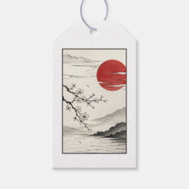 日本の赤い太陽と桜の風景 ギフトタグ