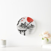 日本の赤い太陽の山の風景アクセントマグ ラウンド壁時計 (ホーム)