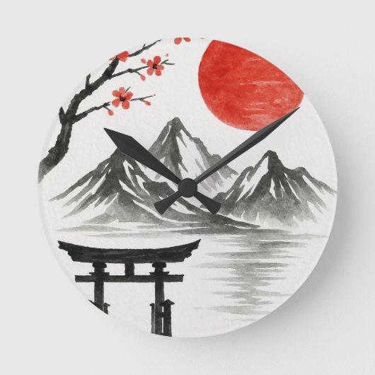 日本の赤い太陽の山の風景アクセントマグ ラウンド壁時計 (正面)