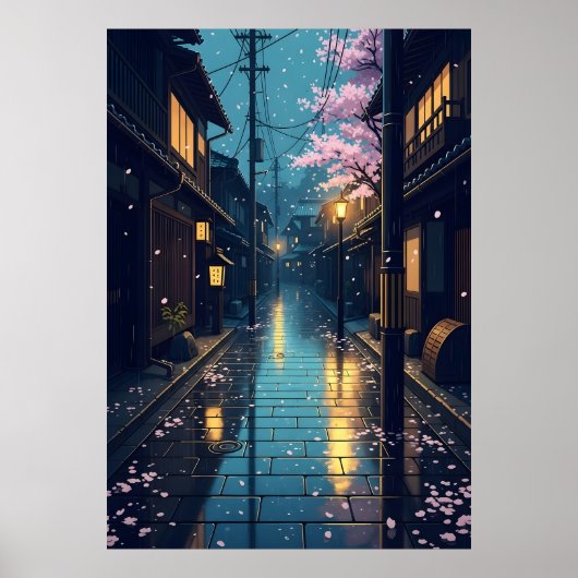 日本の雨に包まれる桜並木の通り アニメ ポスター (正面)