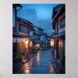 日本の雨の街並み ほっこり都会風景 ポスター
