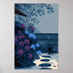 日本の雨ウォールアート - 踏み石のある静かな庭園の風景 ポスター