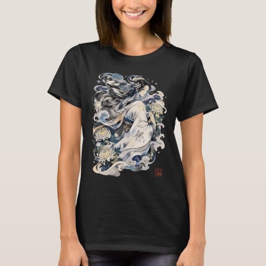 日本の雪女アート | 着物を着た冬の妖怪 Tシャツ (正面)