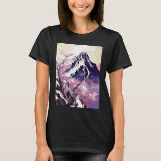 日本の雪山の桜の木 Tシャツ