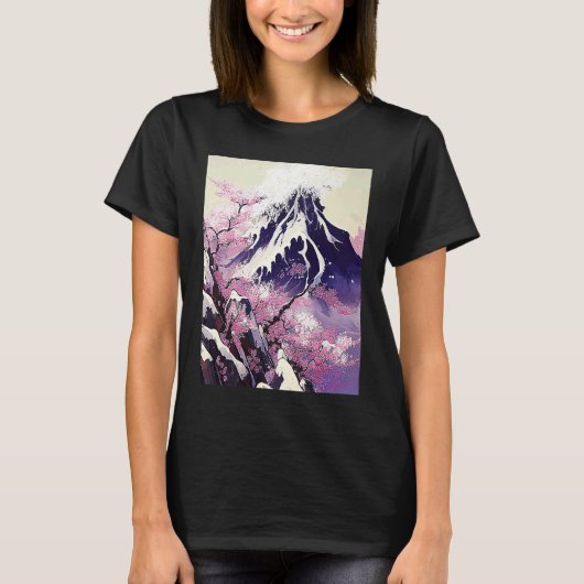 日本の雪山の桜の木 Tシャツ (正面)